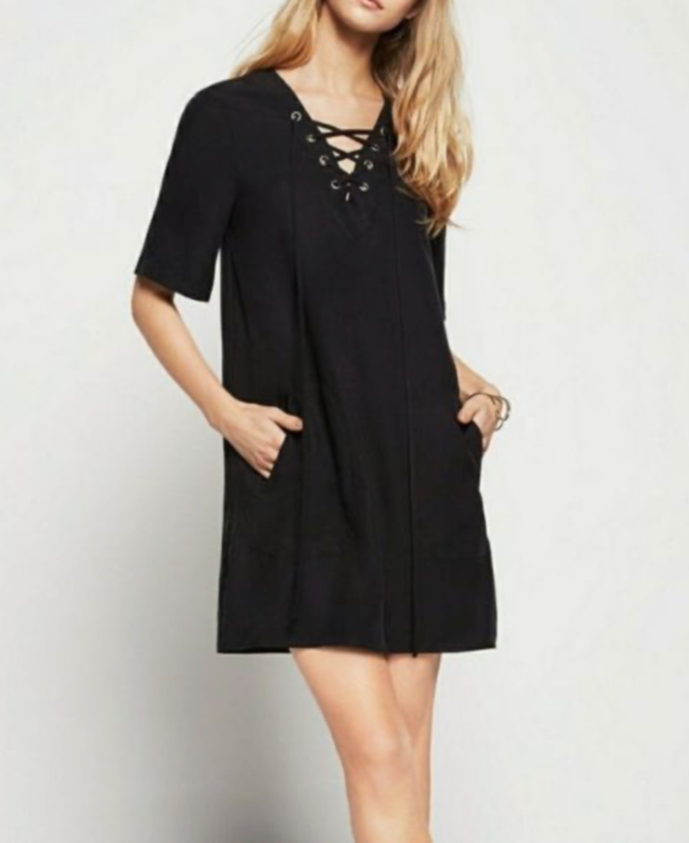 BCBGeneration Shift Mini Shirt Dress Womens XXS 2XS Black Lace Up Pockets